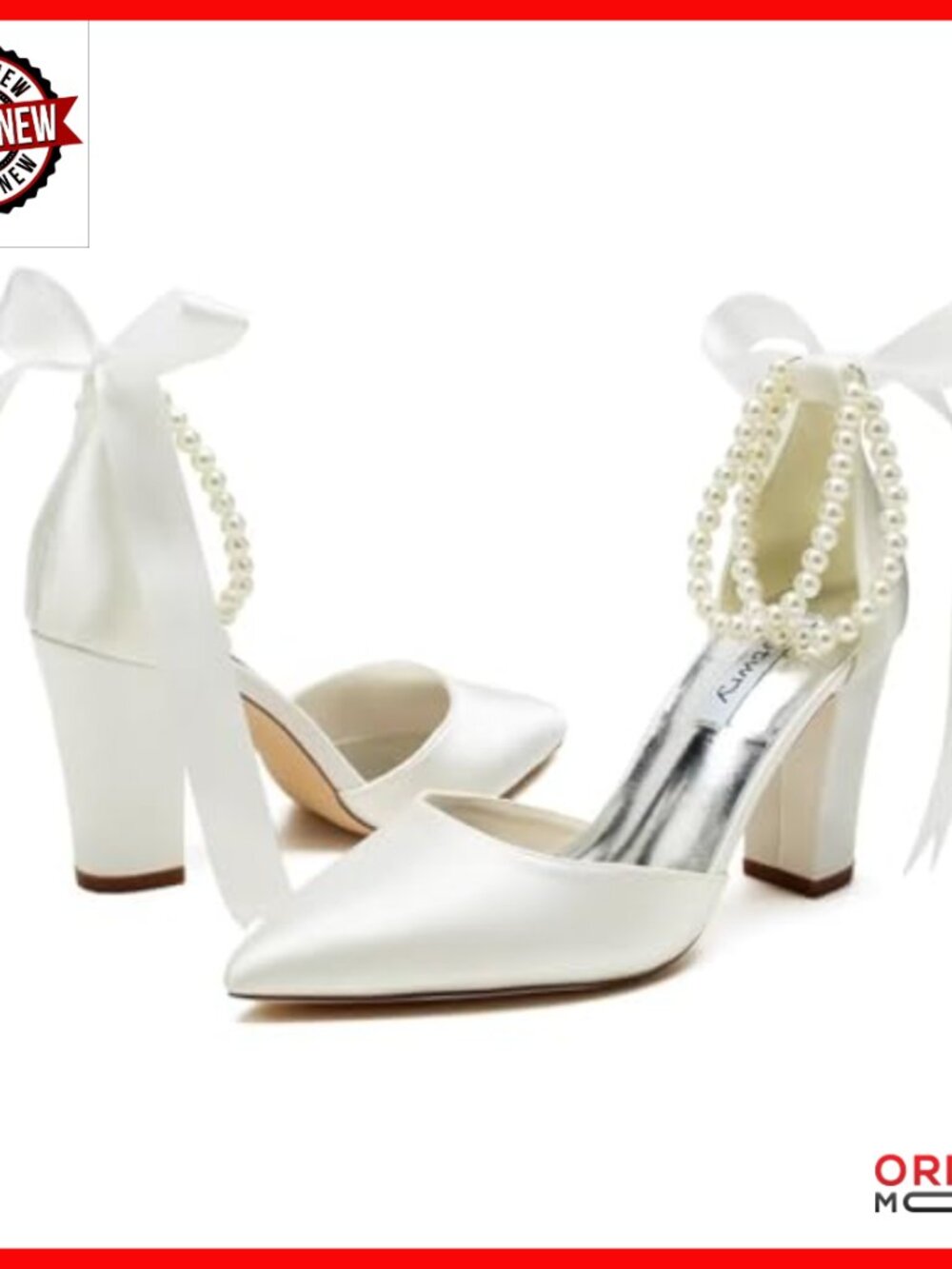 Satin Block Heel Wedding Shoes Pointed Toe Pearl Ankle Strap Heels - Picture 6 of 7